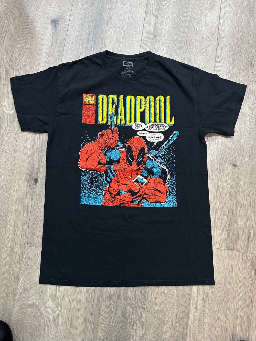 Marvel Deadpool Comic Panel Short Sleeve Tee - Black with Red, Blue, Yellow